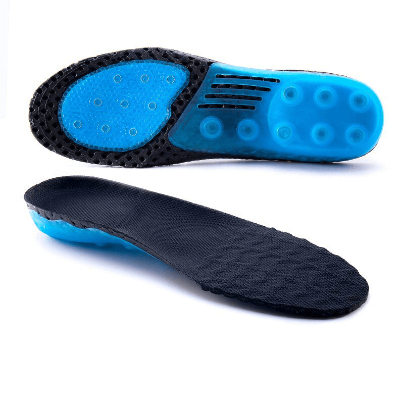 Shock-absorbing orthopedic insoles with blue non-slip silicone, 3 cm arch support, perfect for comfortable all-day wear in any shoe.